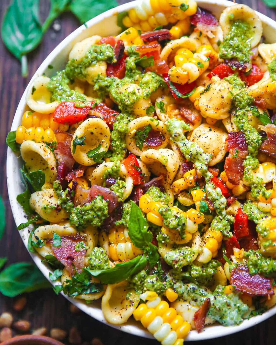 Corn Pasta Salad with Bacon and Creamy Pesto Dressing