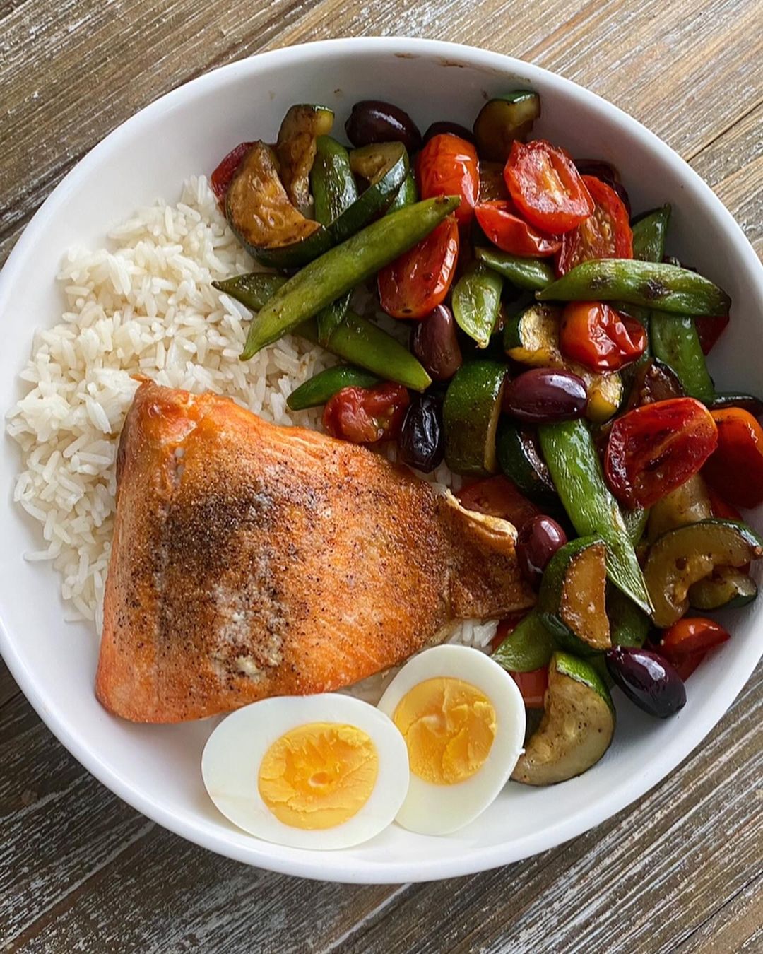 Salmon, Veggie and Rice Bowl with Hard Boiled Egg