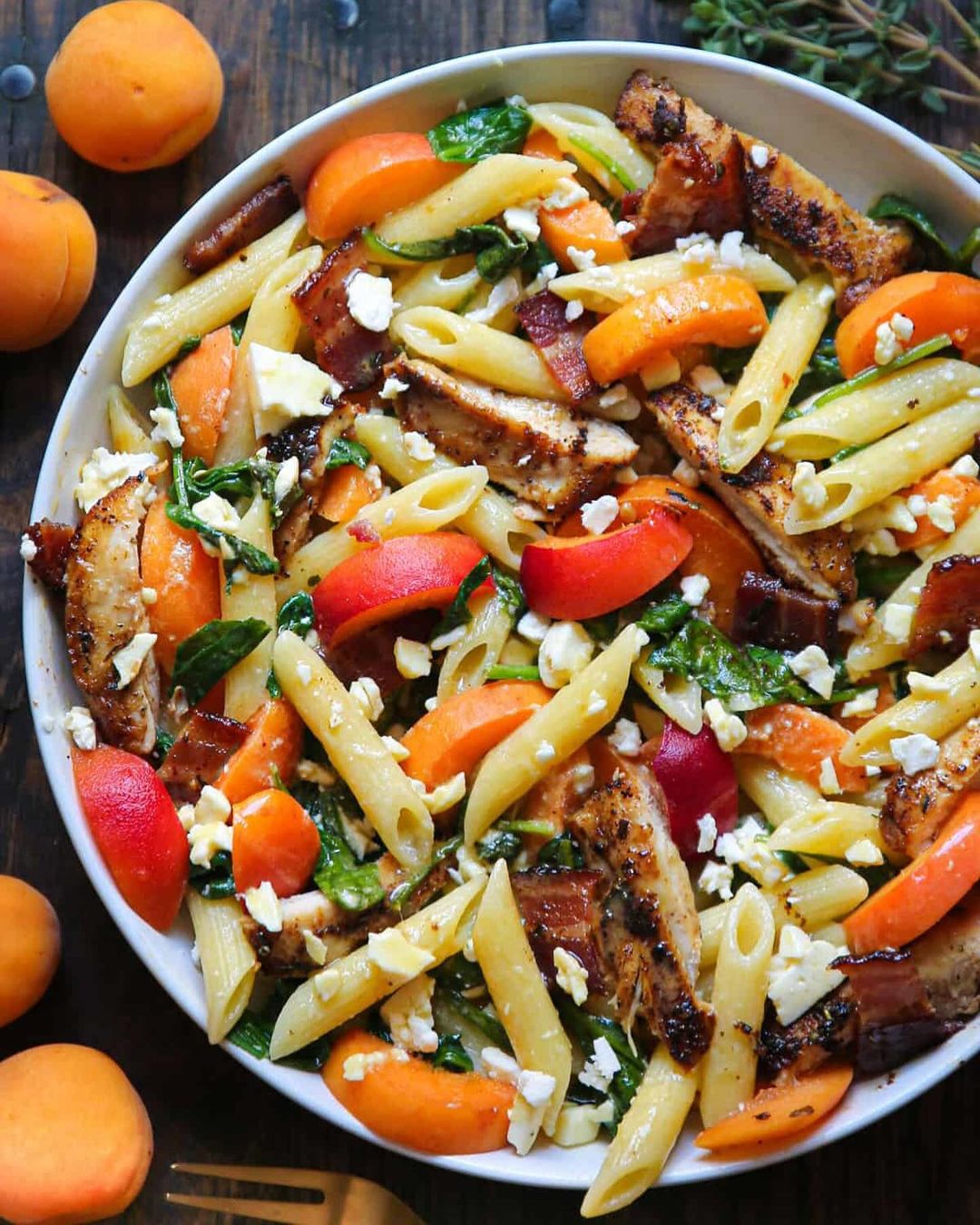 Chicken Pasta Salad with Apricots, Spinach, Bacon, Feta, and Honey Dijon Mustard Lemon Dressing