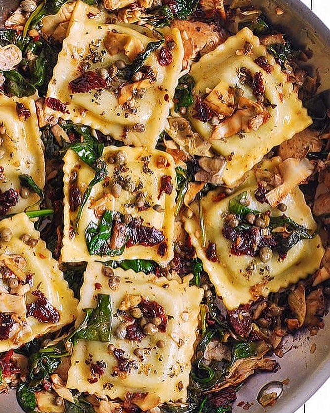 Italian Ravioli with Spinach, Artichokes, Capers, Sun-Dried Tomatoes