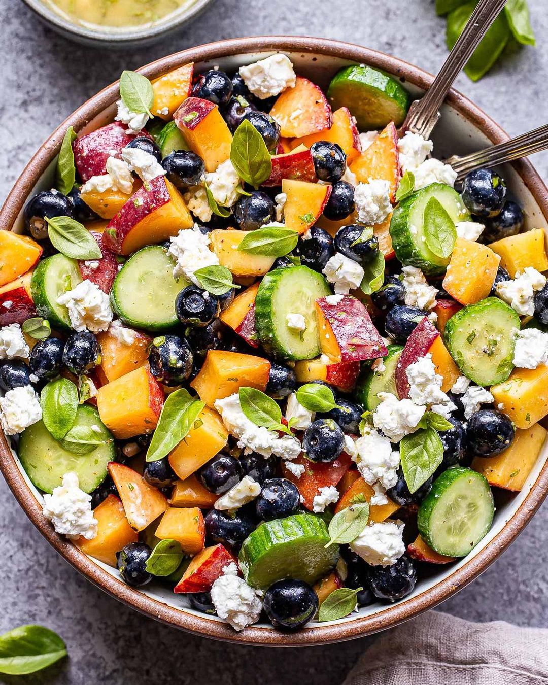 Blueberry Peach Feta Salad with Lemon Basil Vinaigrette