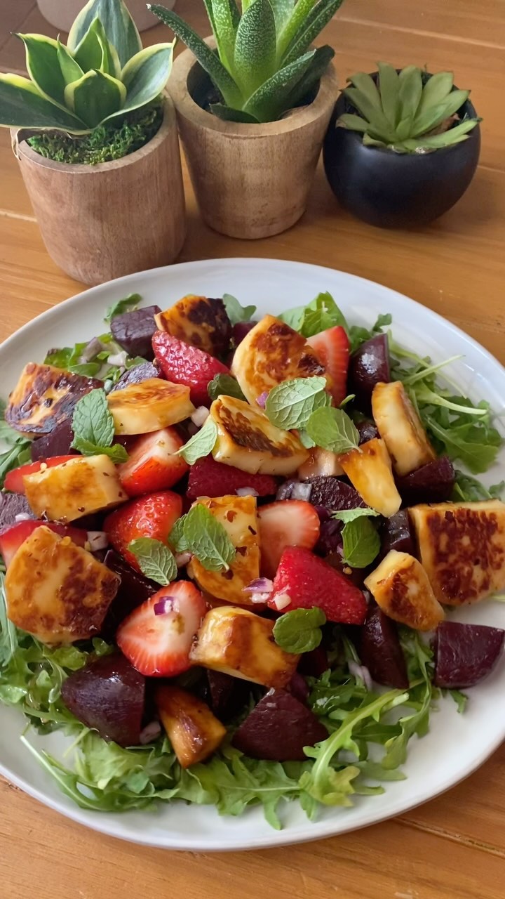 Strawberry Beet Salad with Honey Halloumi and Lemon Honey Dressing