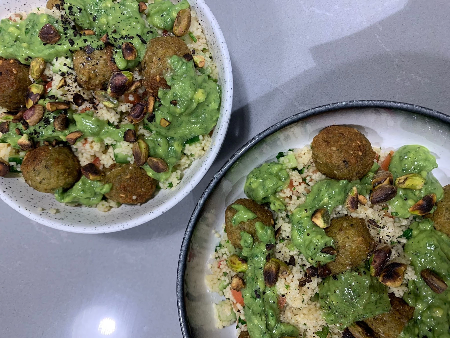 Falafel and Couscous Bowl with Avocado Dressing