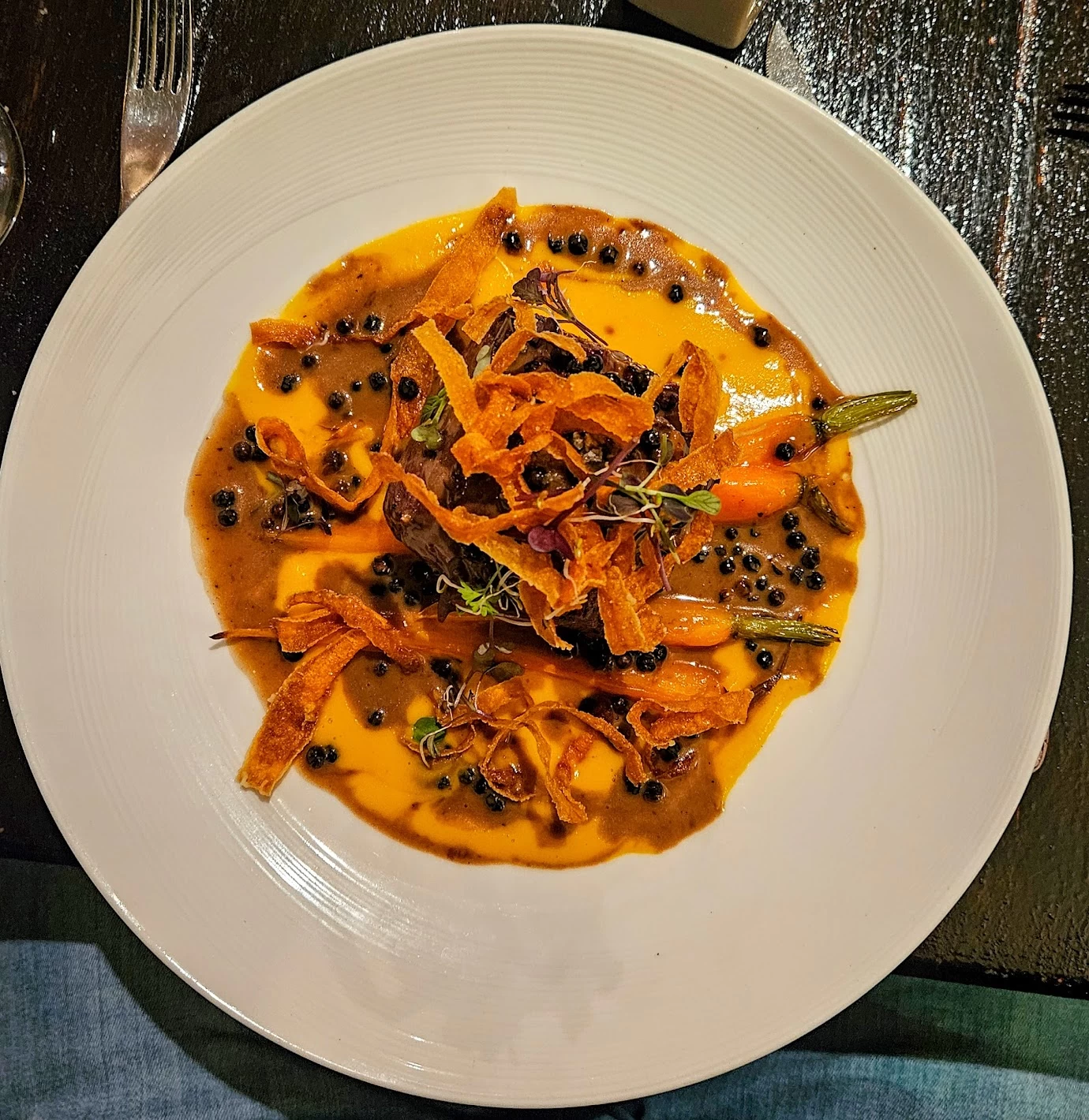 Seared Beef with Roasted Vegetables, Creamy Carrot Sauce, and Crispy Carrot Strips