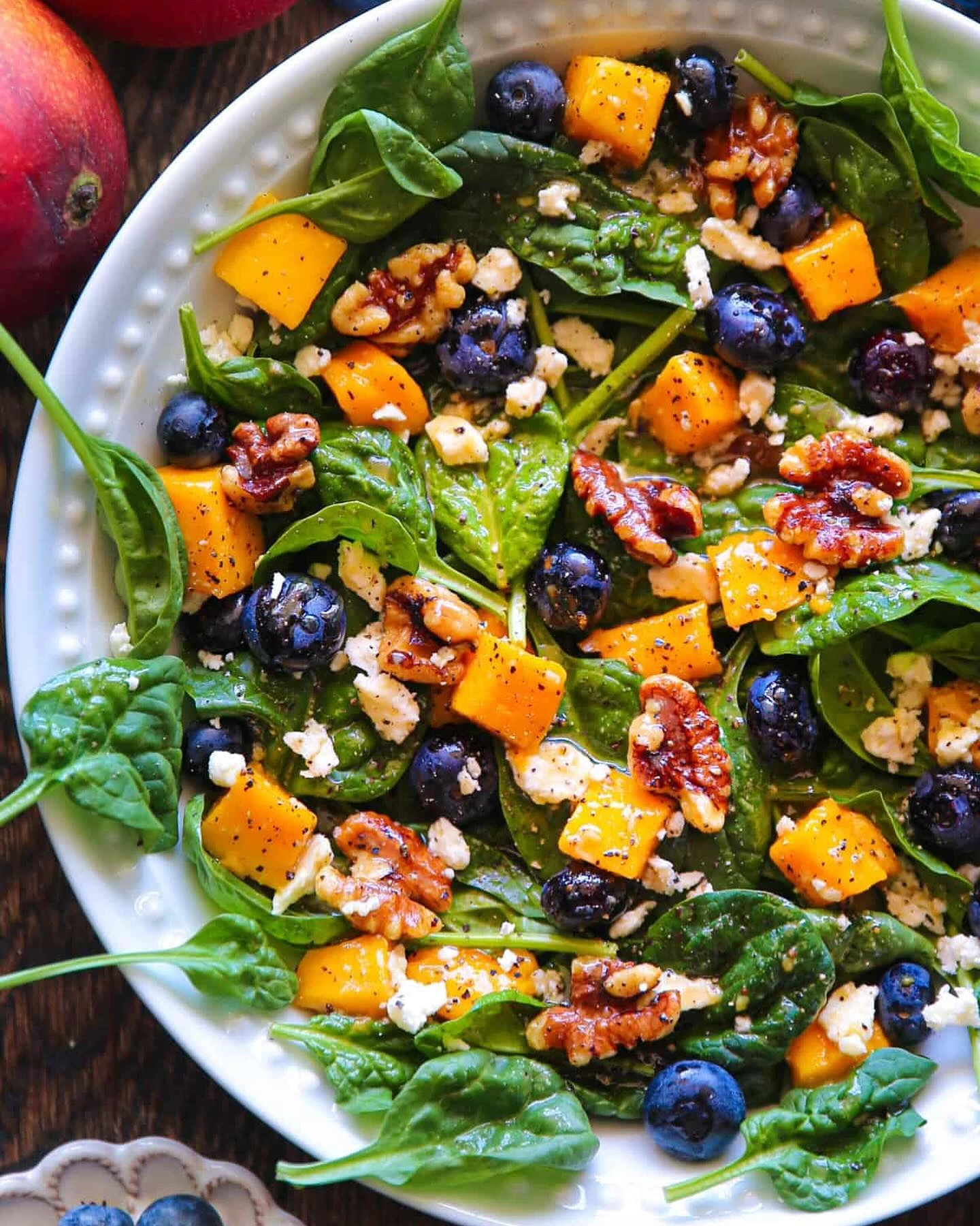 Mango & Blueberry Spinach Salad with Walnuts, Feta Cheese, and Lemon Honey Mustard Dressing